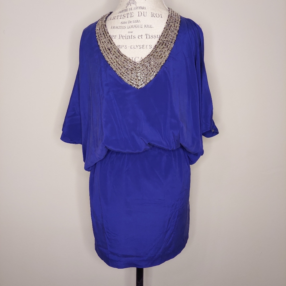 Atelier Nicole Miller Royal Blue Beaded V-Neck Size P (0)